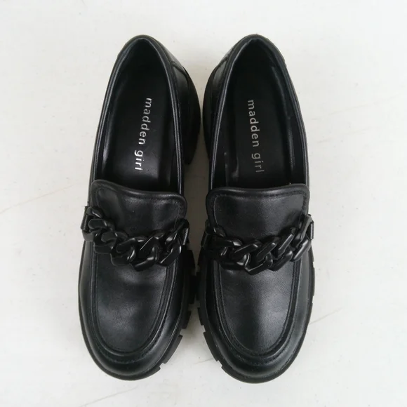 Madden Girl Black Chunky Slip On Loafers Size 6.5 Lug Soles Faux Leather - Picture 3 of 10